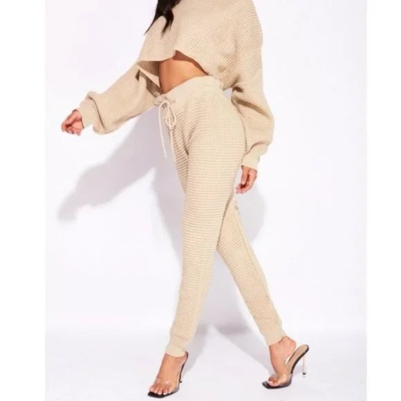 Beige Knitted Long Sleeve Sweater Crop Top and High Waist Pants Two Piece Set - Picture 16 of 17